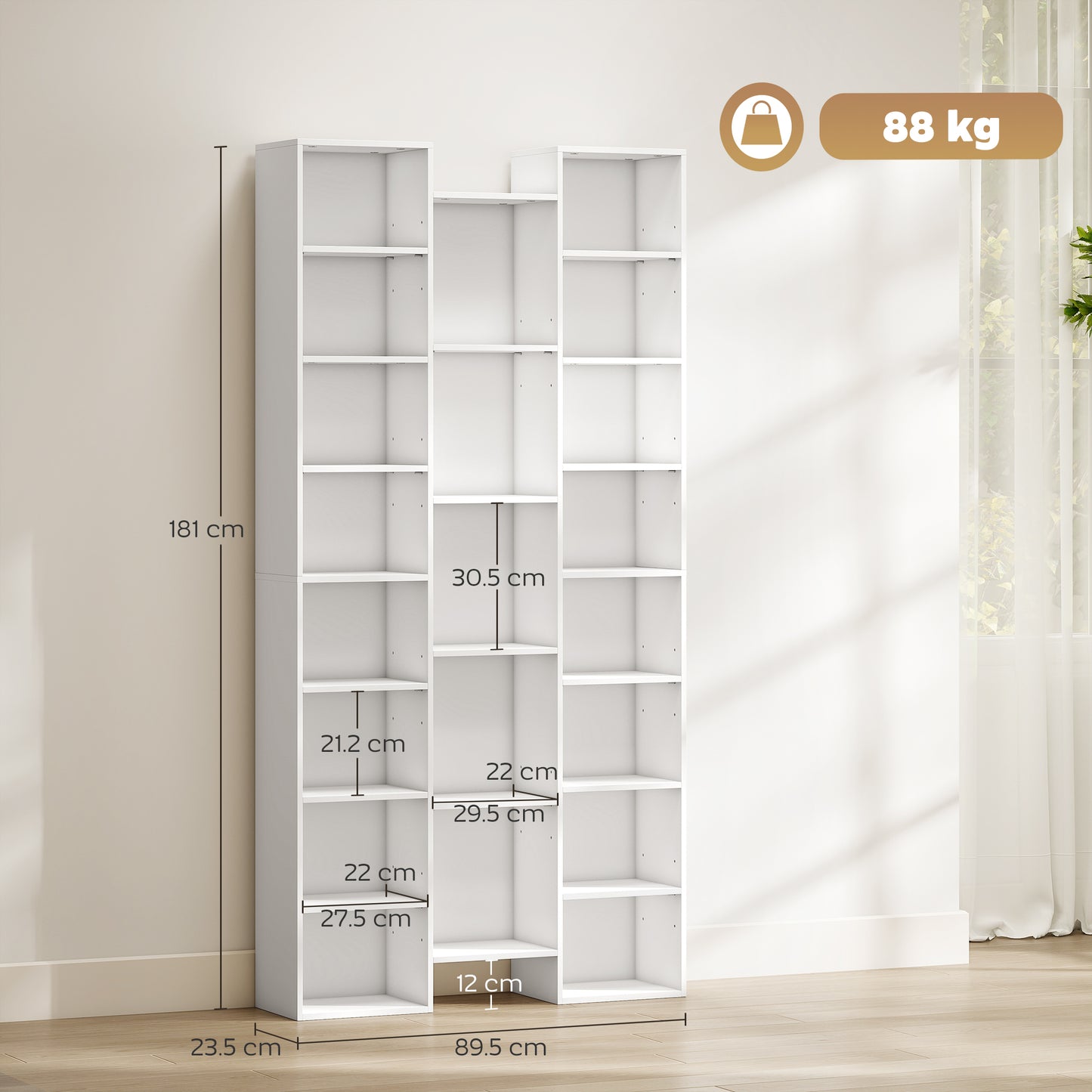 Tall Bookshelf with 21 Compartments and 10 Adjustable Shelves, White