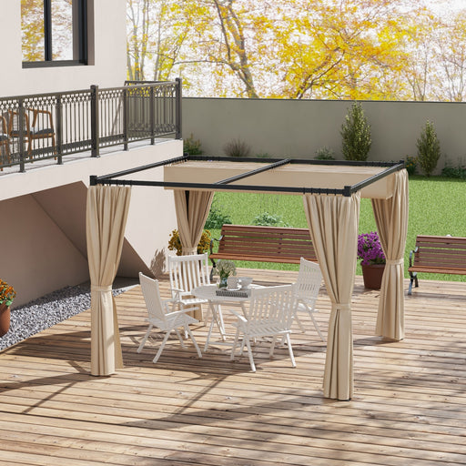 3 x 3(m) Retractable Pergola, Garden Gazebo Shelter with Curtains, for Grill, Patio, Deck, Beige