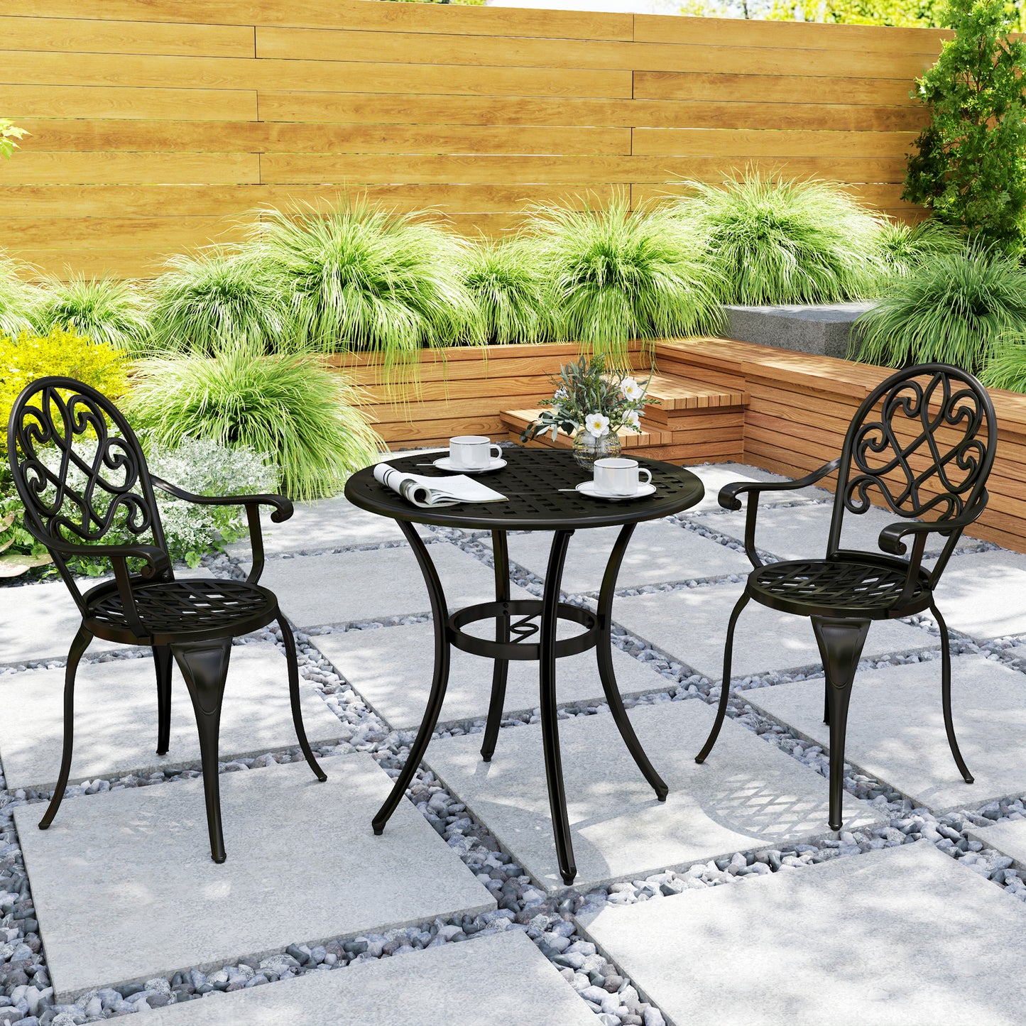 3PCs Bistro Set,  Aluminium Garden Table and Chairs Black