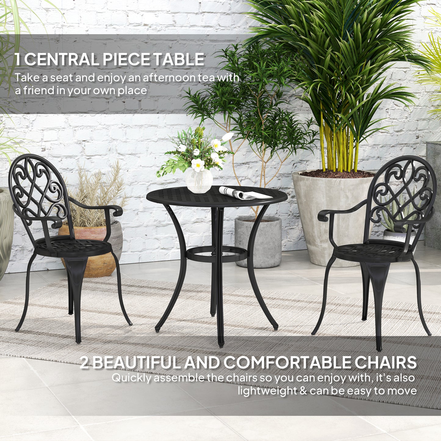3PCs Bistro Set,  Aluminium Garden Table and Chairs Black