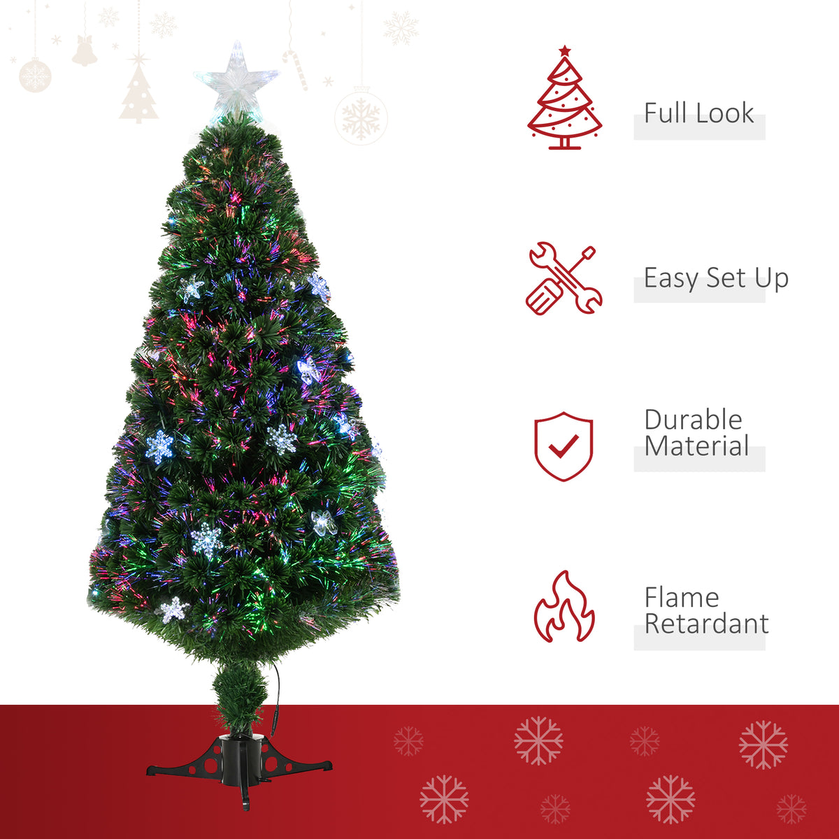 5ft Pre-Lit Fibre Optic Christmas Tree with Multicolour LEDs, Bows & Star