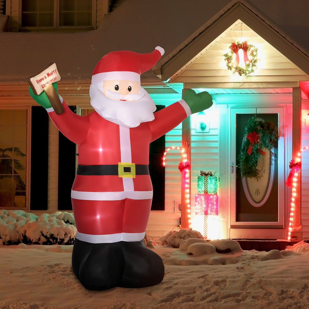 8' Inflatable Christmas Santa Claus Holds Light Sign of Blessings LED