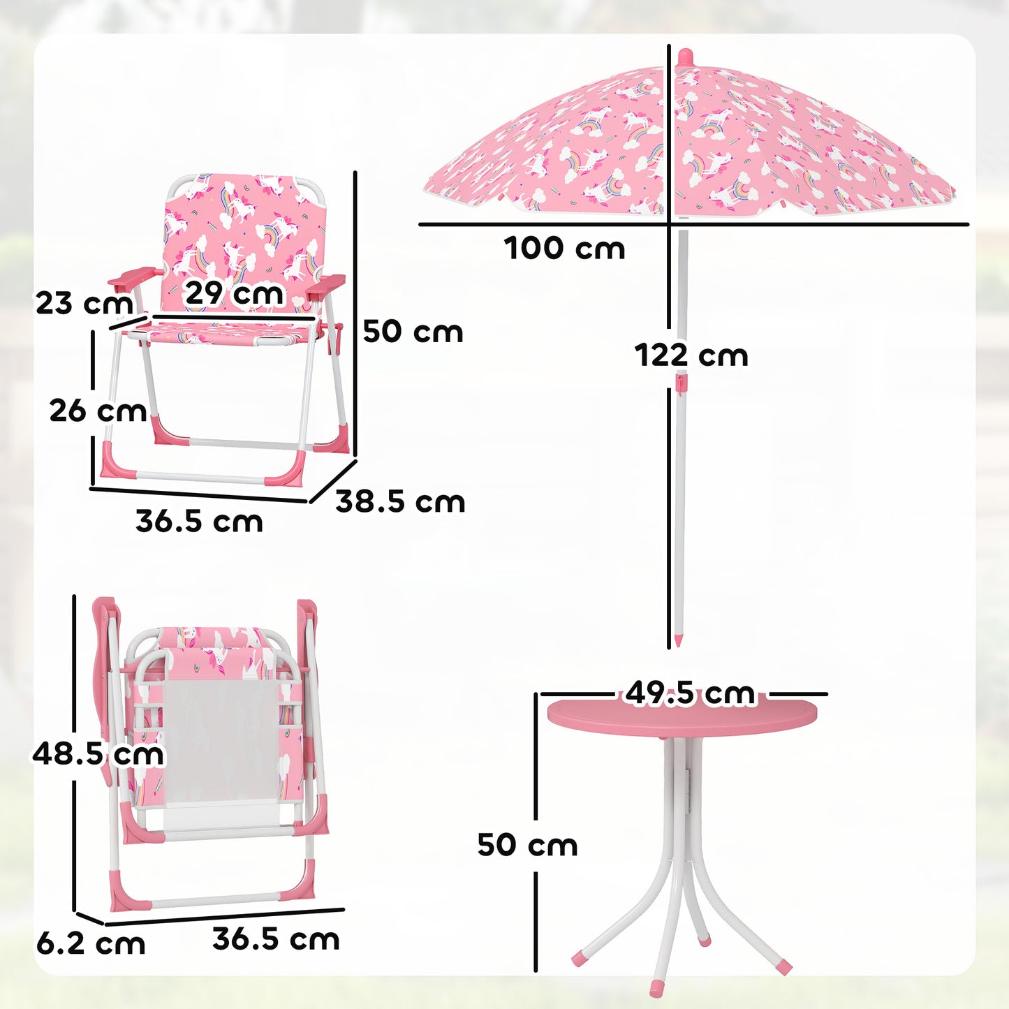 Kids Garden Furniture with 2 Folding Chairs and Umbrella, Pink