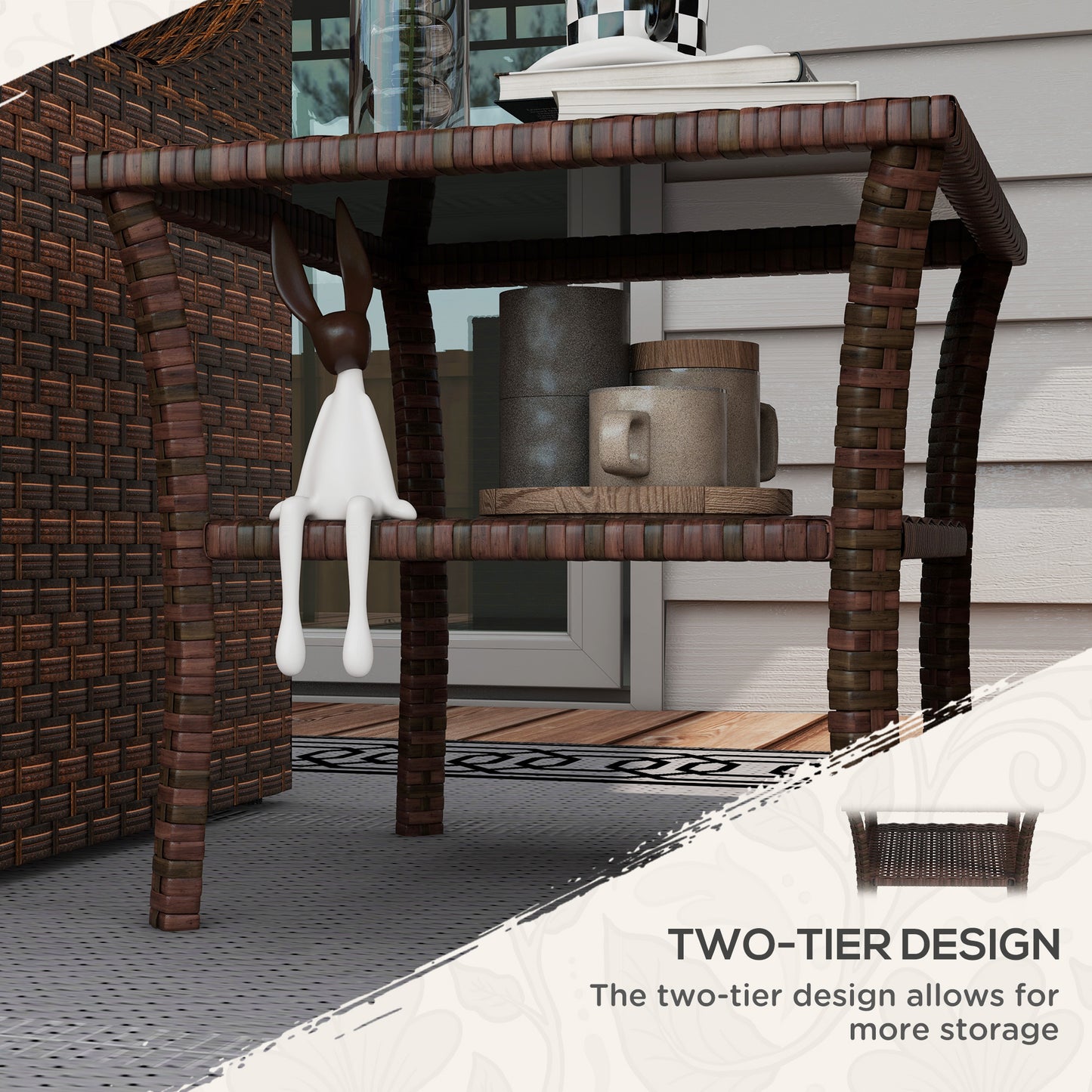 50cm Outdoor PE Rattan Coffee Table, Patio Wicker Two-tier Side Table with Glass Top, for Patio, Garden, Balcony, Brown