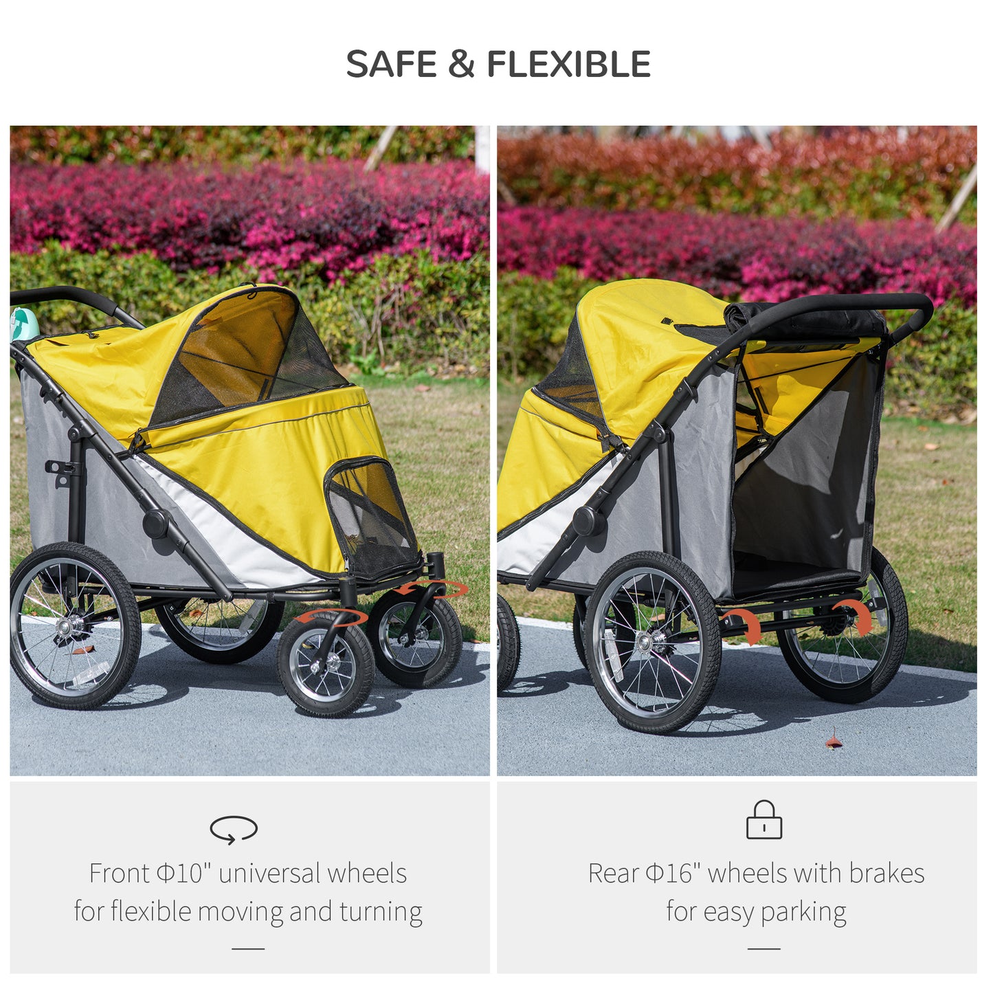 Foldable Pet Stroller with Cushion, for M, L Dogs - Yellow