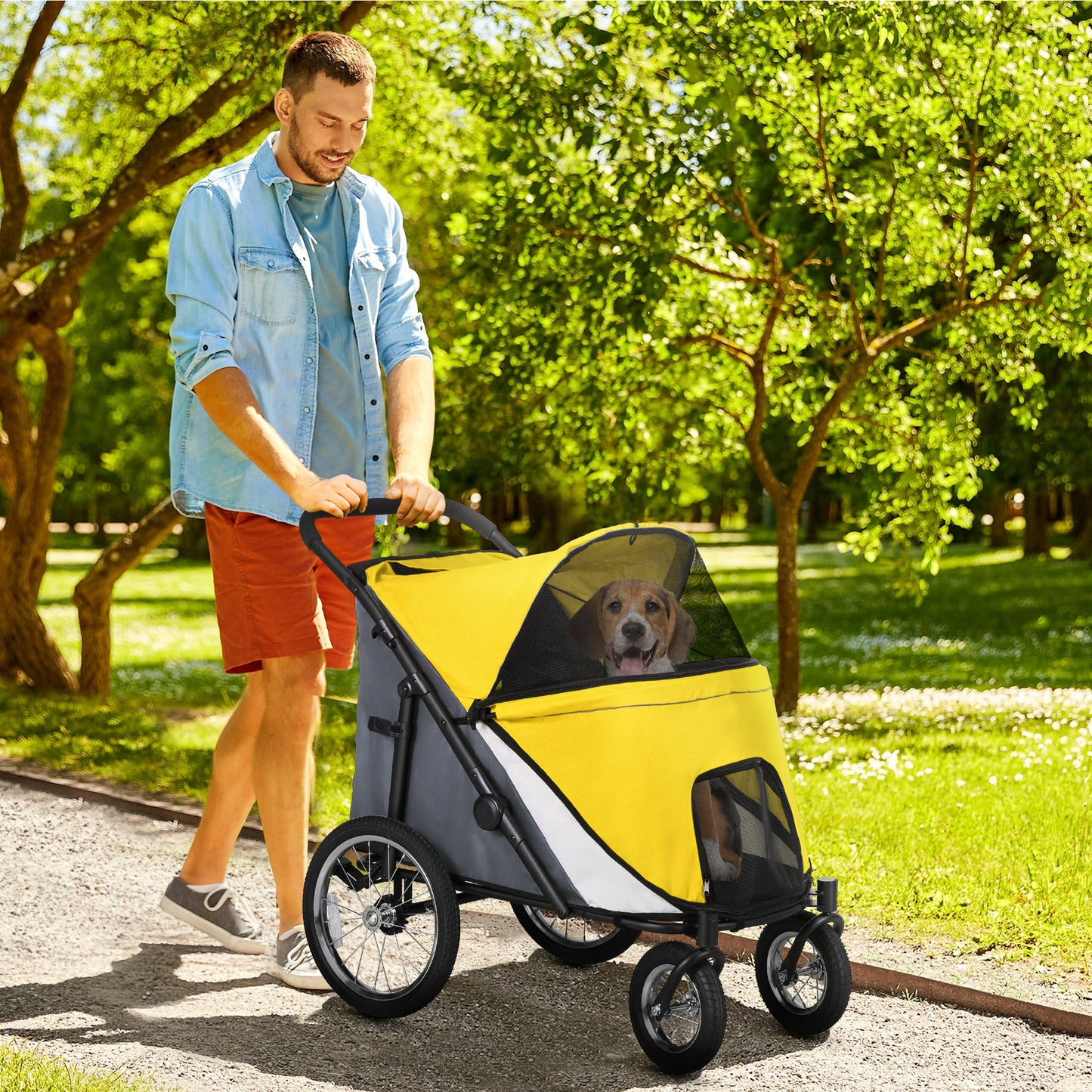 Foldable Pet Stroller with Cushion, for M, L Dogs - Yellow