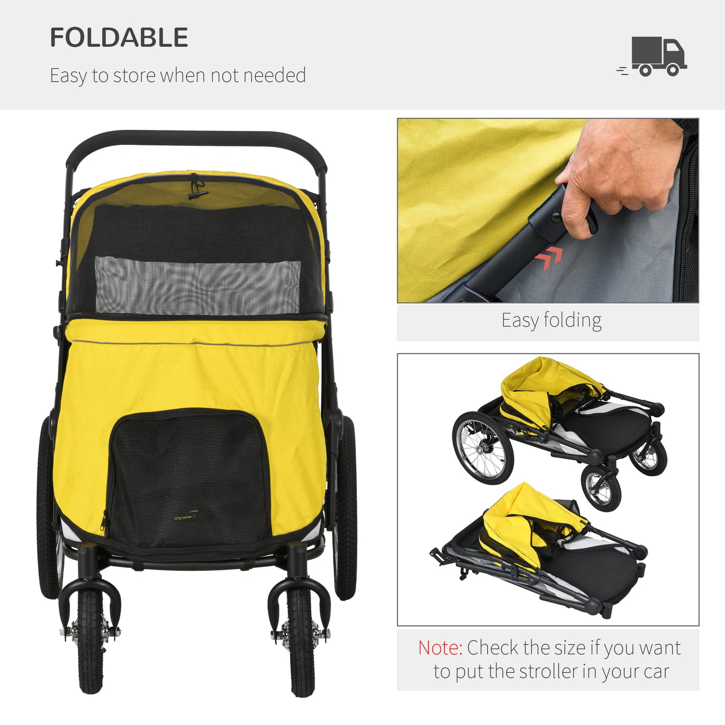 Foldable Pet Stroller with Cushion, for M, L Dogs - Yellow