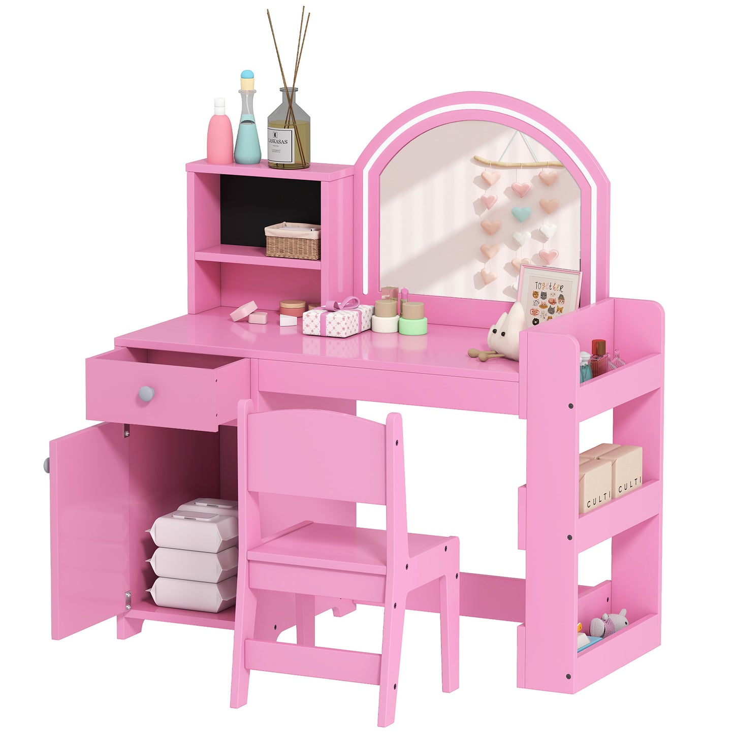 Girls Dressing Table with 2-Colour LED Mirror and Stool, Pink