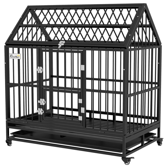 48" Heavy Duty Dog Crate on Wheels, with Removable Tray, Openable Top, for L, XL Dogs - Black