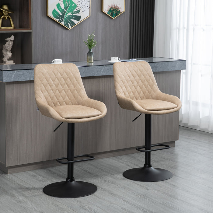 Retro Bar Stools Set of 2, Adjustable Kitchen Stool, Upholstered Bar Chairs with Back, Swivel Seat, Khaki