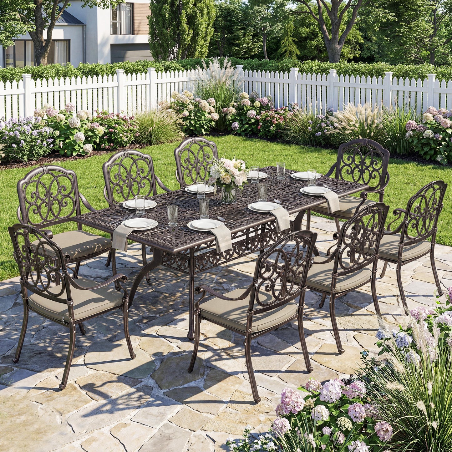 9 Piece Cast Aluminium Garden Dining Set with Cushions, Bronze Tone