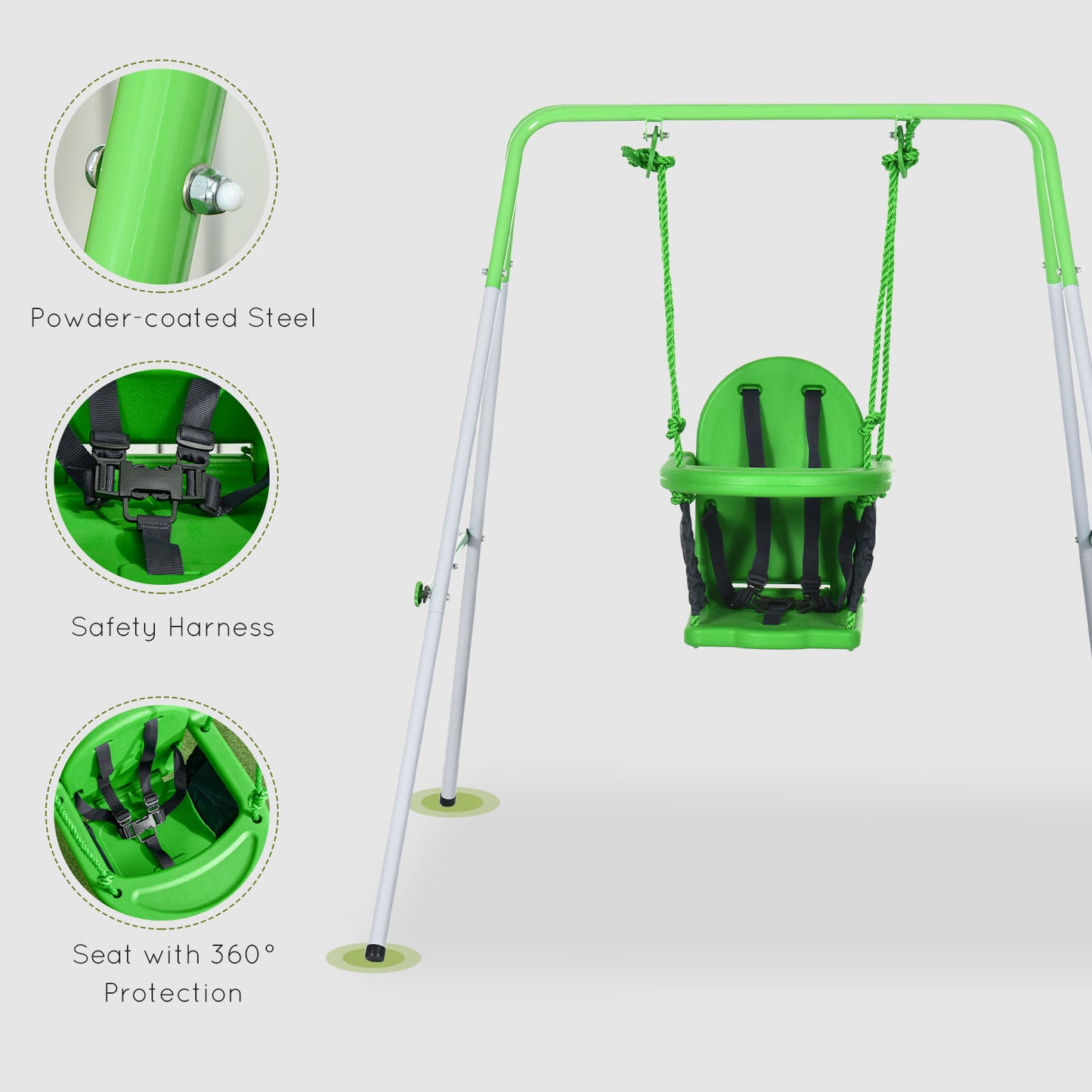 Steel Nursery Swing with Safety Seat Belt Support Back Green