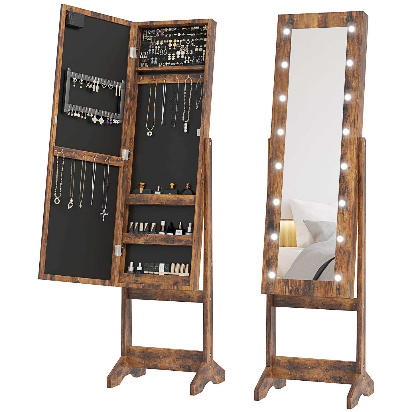 Freestanding LED Mirrored Jewelry Cabinet Rustic Brown
