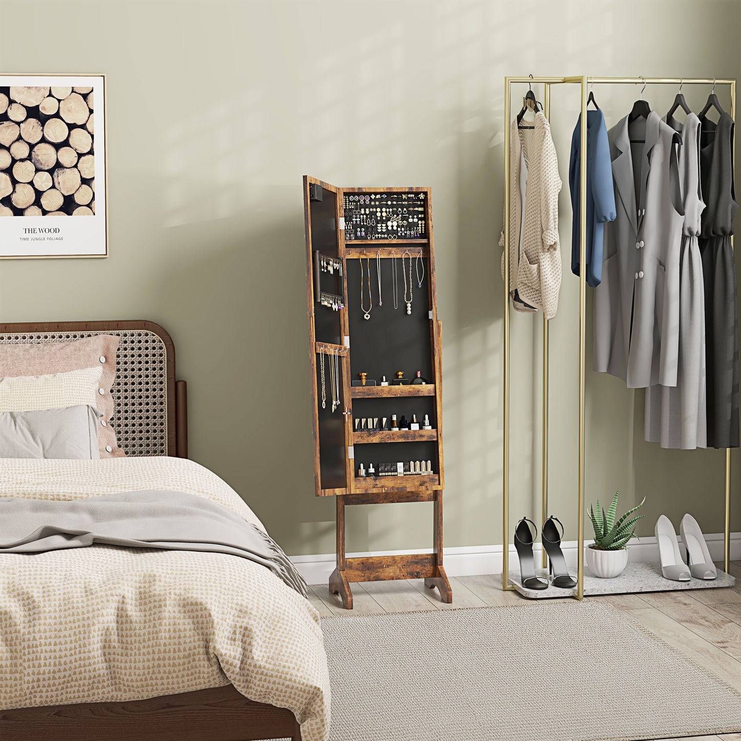 Freestanding LED Mirrored Jewelry Cabinet Rustic Brown