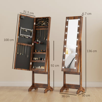 Freestanding LED Mirrored Jewelry Cabinet Rustic Brown