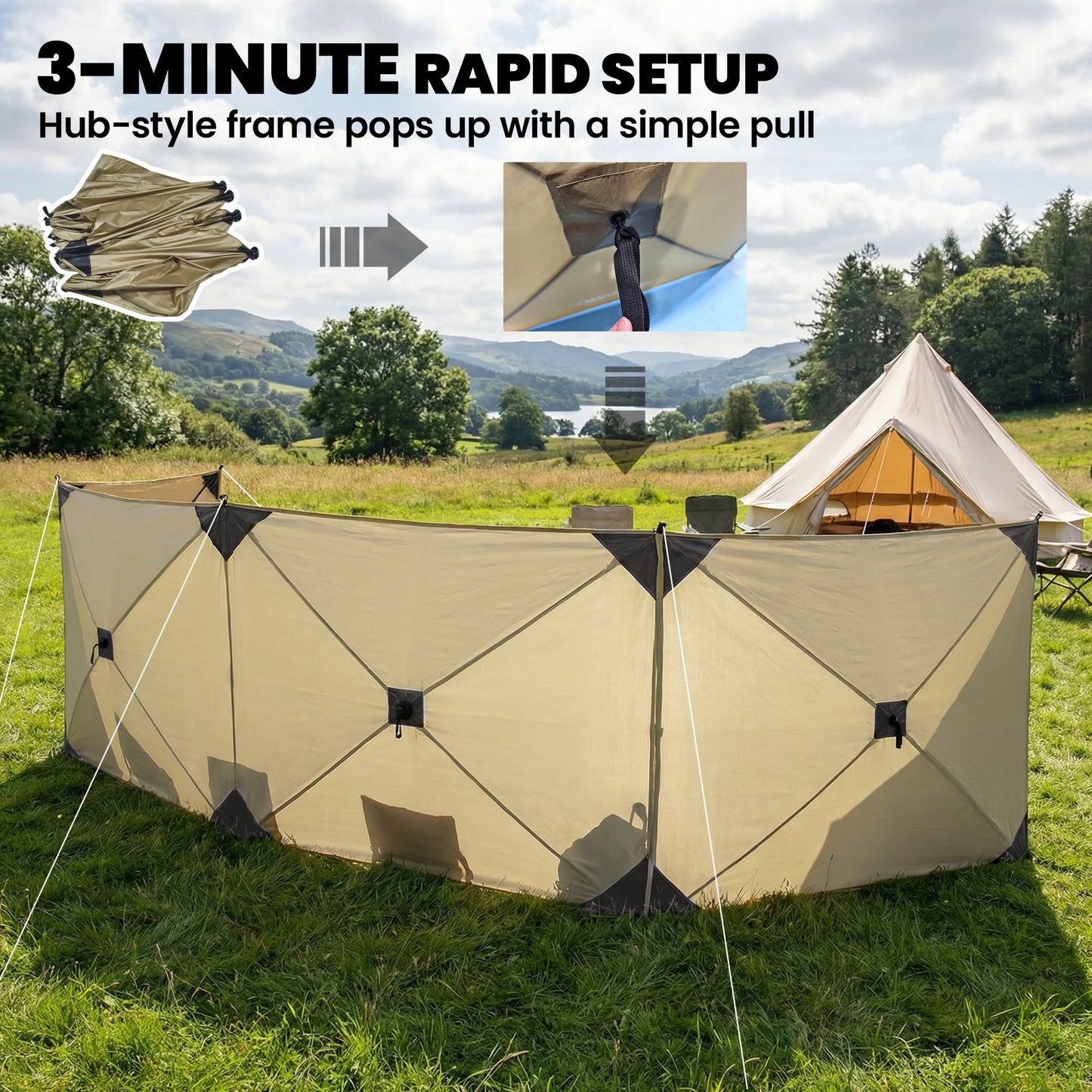 Camping Windbreak, Pop Up Hub Frame Windbreaker Blocker, Khaki