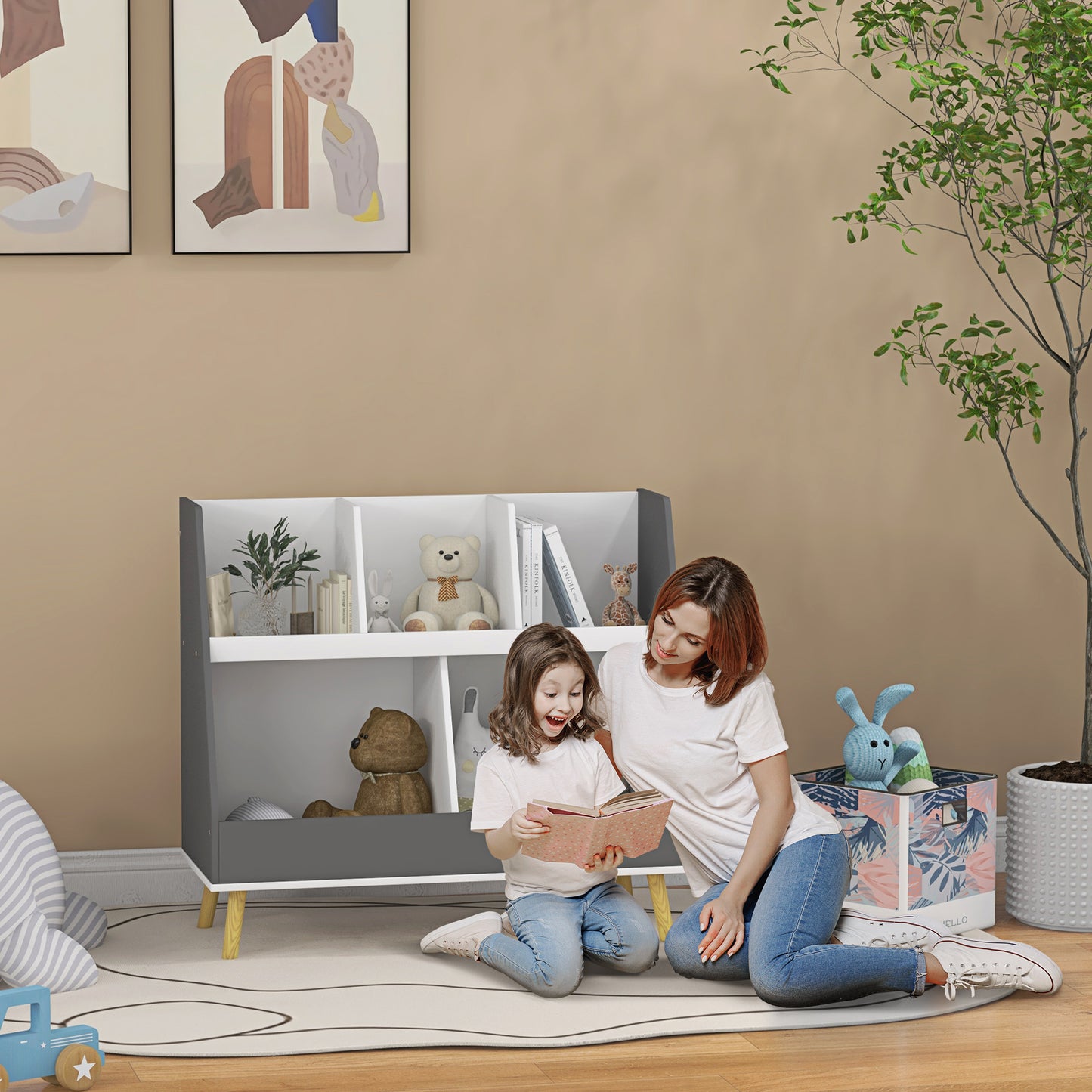 Kids Storage Shelf with 5 Compartments, Anti-Tip Device, Grey