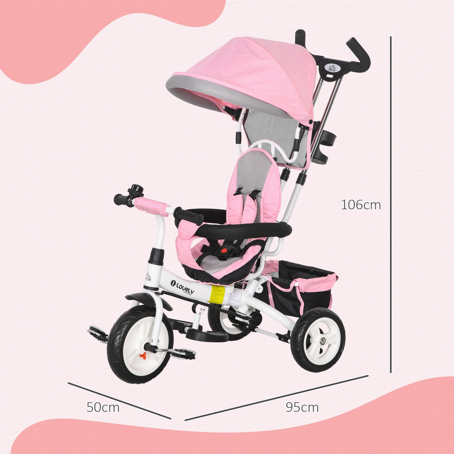 6 in 1 Kids Trike, Stroller with Parent Handle, Pink