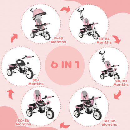 6 in 1 Kids Trike, Stroller with Parent Handle, Pink
