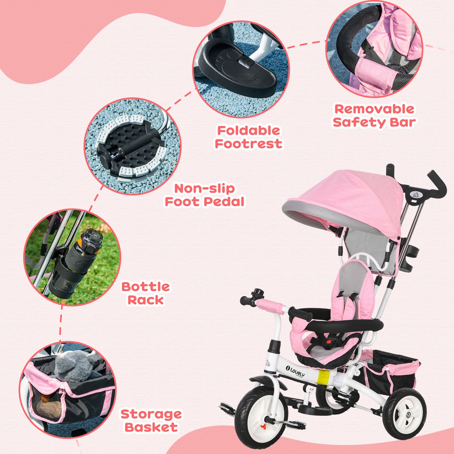 6 in 1 Kids Trike, Stroller with Parent Handle, Pink