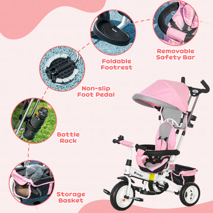 6 in 1 Kids Trike, Stroller with Parent Handle, Pink