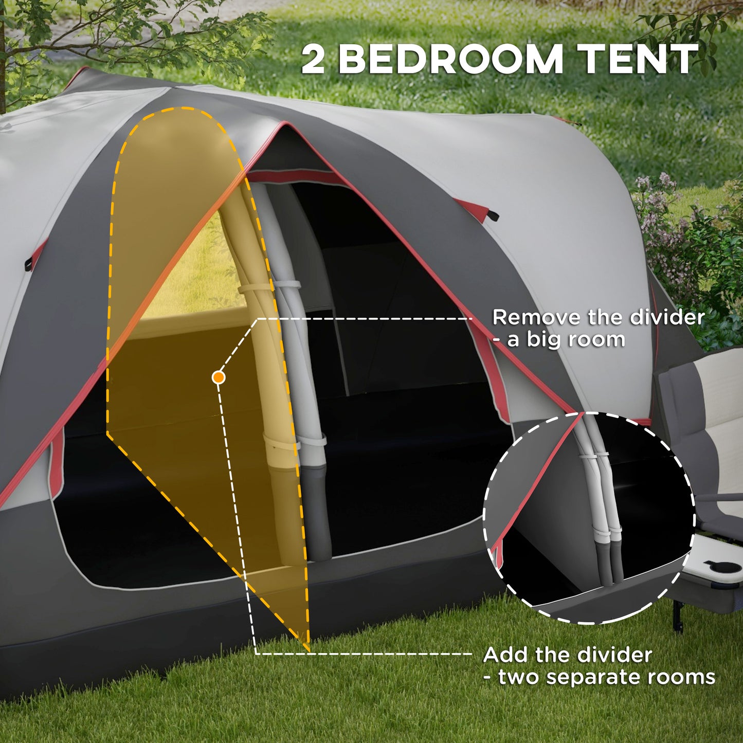 2 Room Camping Tent with Waterproof Rainfly & Screen Panels Grey