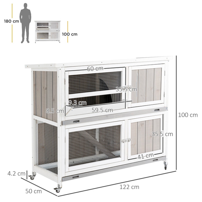 Wooden Rabbit Hutch Two-Tier Guinea Pig Cage Elevated Multi-Door Pet House Bunny Cage w/ Rain Cover, Wheels, Slide-Out Tray, Grey