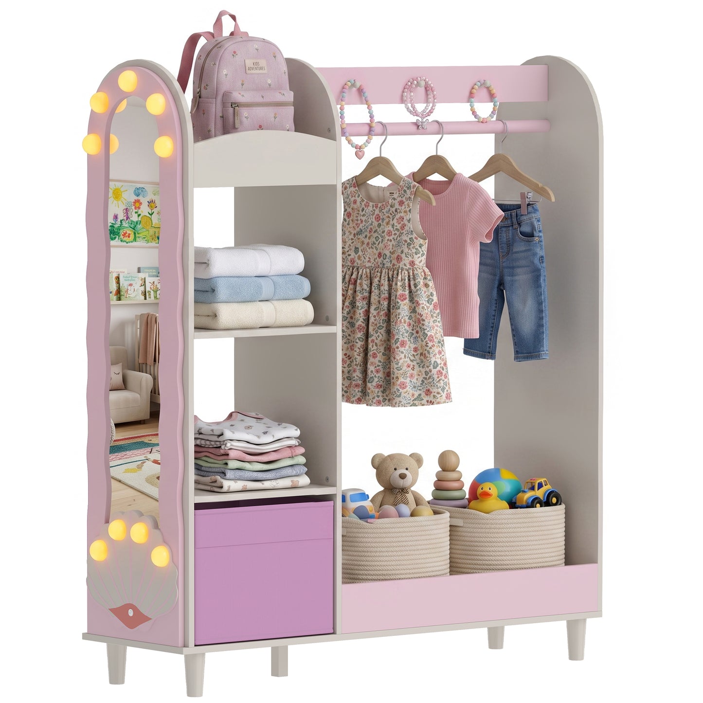 Kids Clothing Rack with Lights Mirror, Non-Woven Drawer for Age 3-8