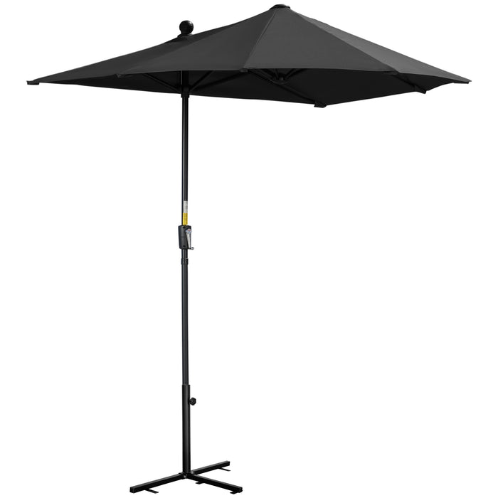 2m Half Parasol Market Umbrella Garden Balcony Parasol with Crank Handle, Base, Double-Sided Canopy, Black