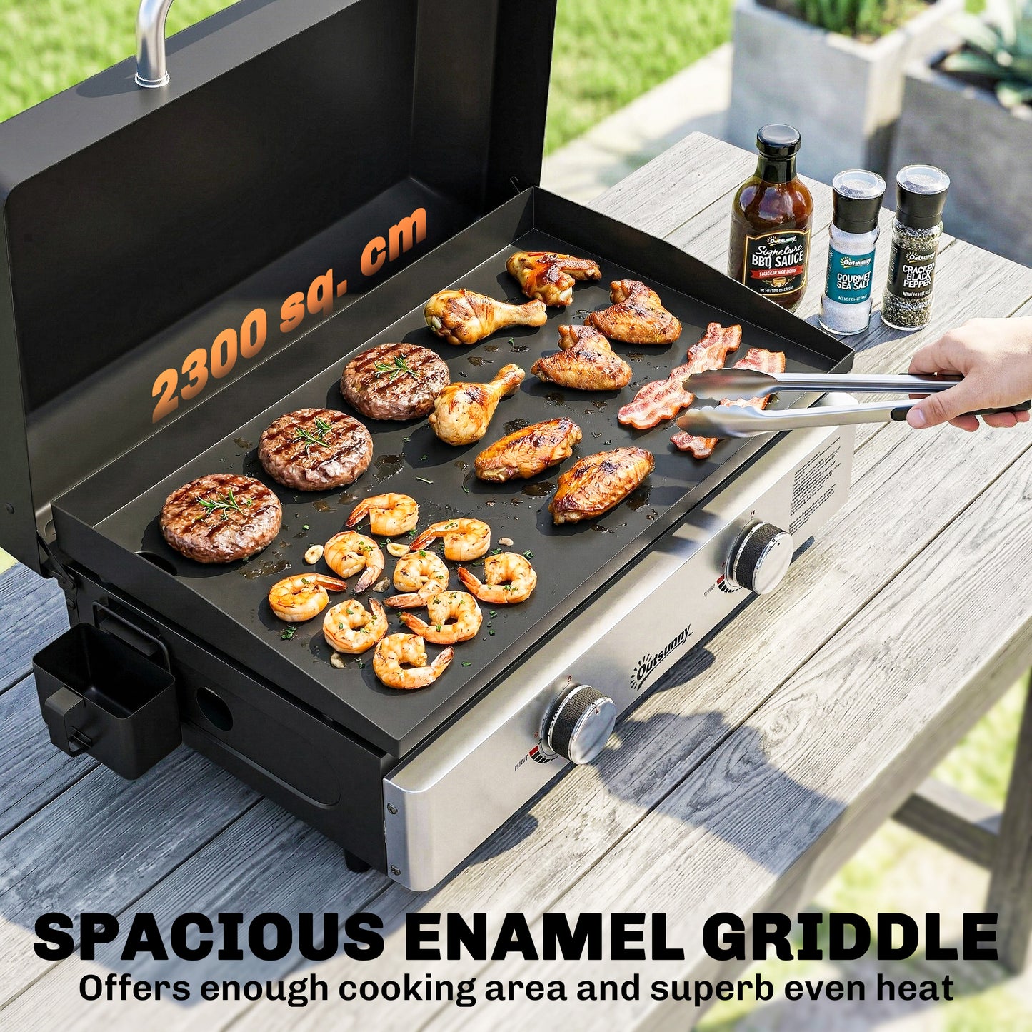 2 Burner Grill Griddle, Tabletop Gas BBQ with Grease Cup, Black