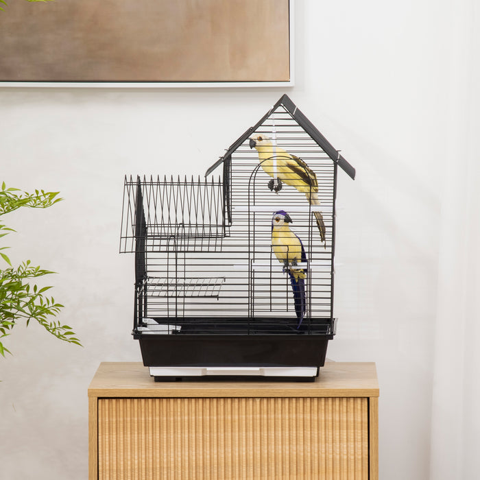 Metal Bird Cage with Stand for Parrot Cockatiel Budgie Finch Canary Food Containers Swing Ring Tray Handle Small Black 39 x 33 x 47 cm