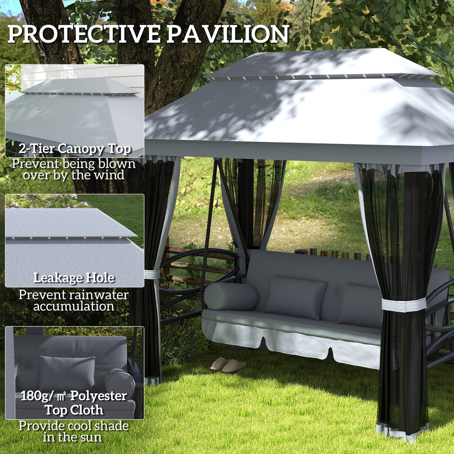 3 Person Canopy Gazebo Swing Outdoor Patio Lounge w/ Mesh Walls, Grey