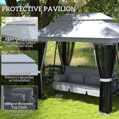 3 Person Canopy Gazebo Swing Outdoor Patio Lounge w/ Mesh Walls, Grey