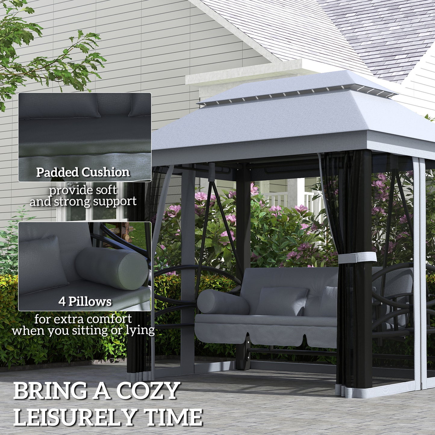 3 Person Canopy Gazebo Swing Outdoor Patio Lounge w/ Mesh Walls, Grey