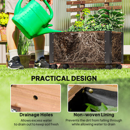 Raised Garden Bed, Wooden Planter with Trellis and Wheels