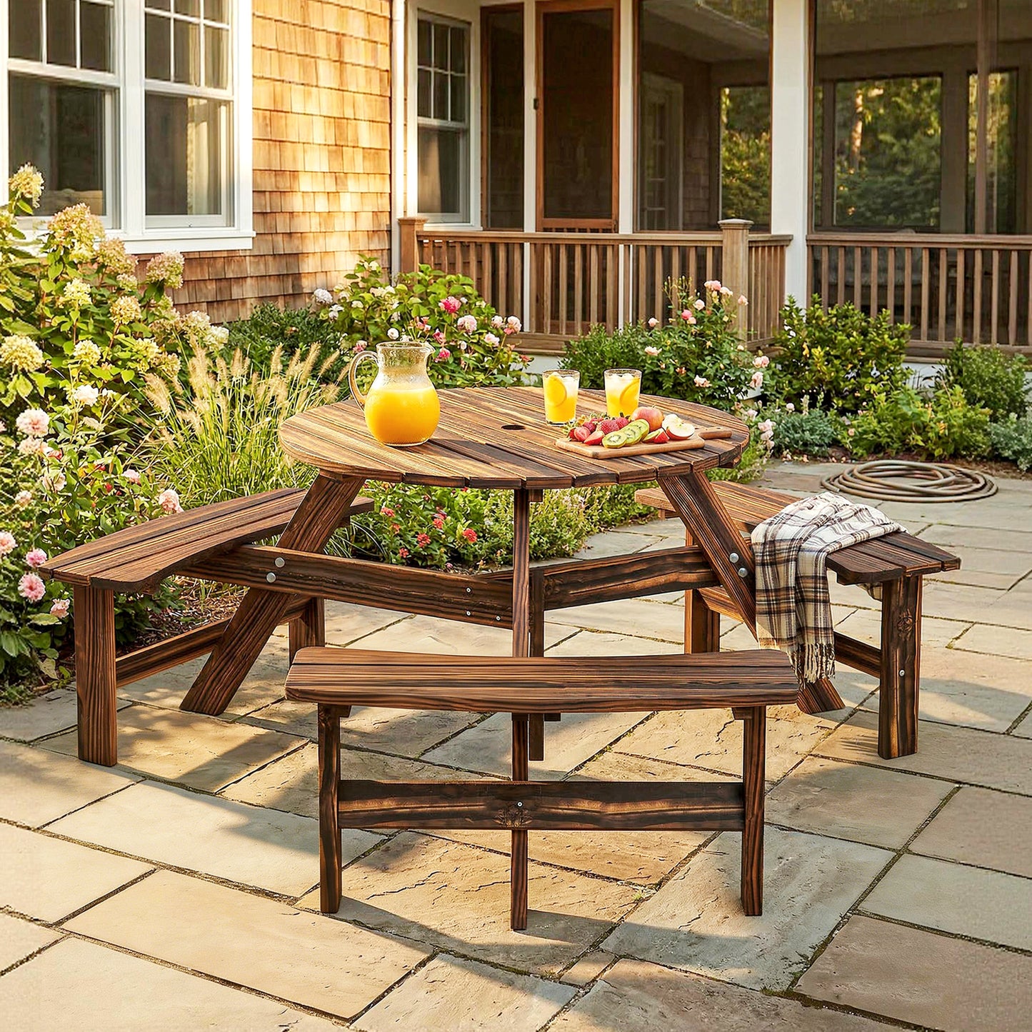 6 Person Fir Wood Table Bench Set Outdoor Garden Patio, Carbonized