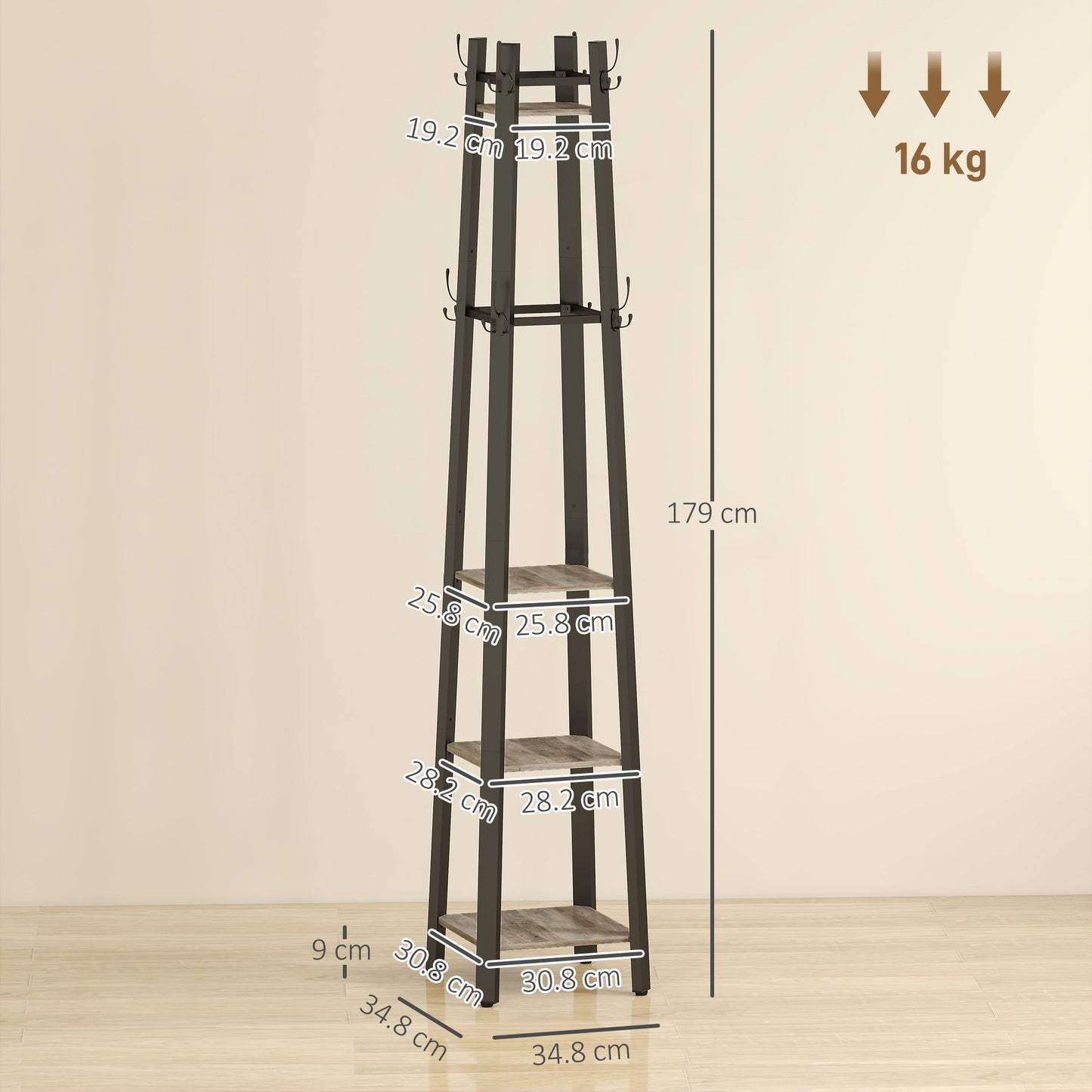 Industrial Coat Stand with 4 Storage Shelves and 8 Hooks Grey