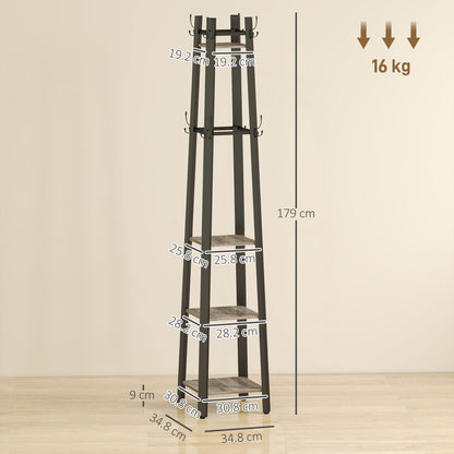 Industrial Coat Stand with 4 Storage Shelves and 8 Hooks Grey