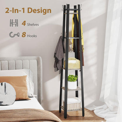 Industrial Coat Stand with 4 Storage Shelves and 8 Hooks Grey