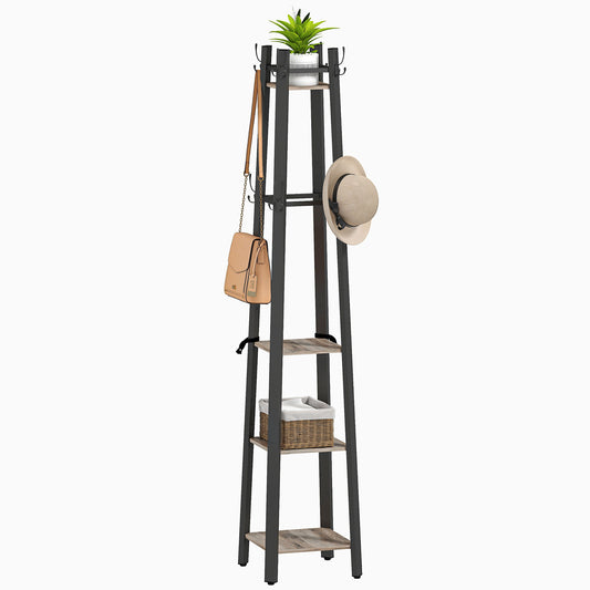 Industrial Coat Stand with 4 Storage Shelves and 8 Hooks Grey