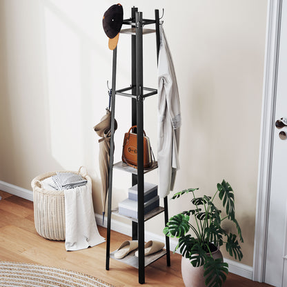 Industrial Coat Stand with 4 Storage Shelves and 8 Hooks Grey