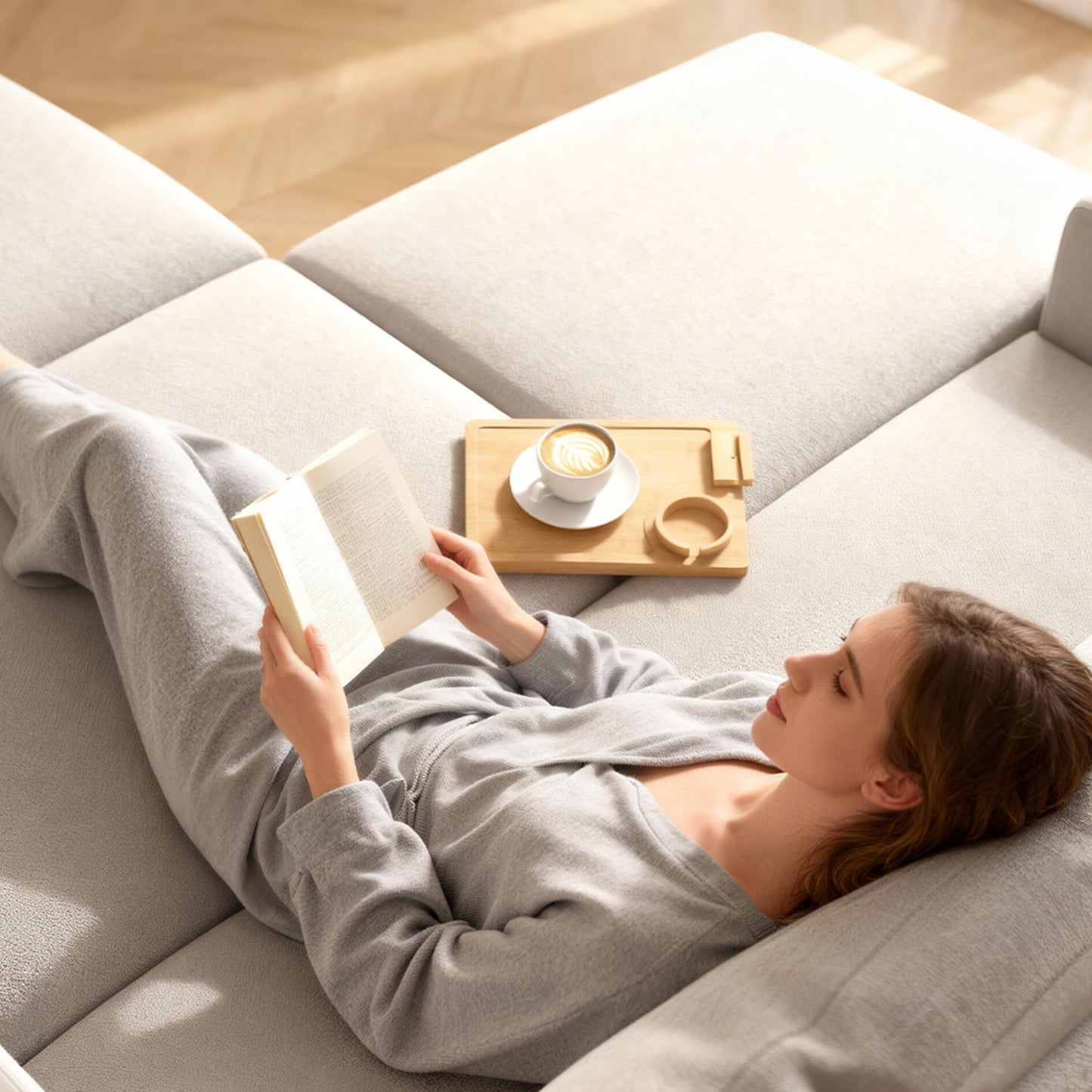 Anti-Slip Sofa Armrest Tray with Phone and Cup Holder, Natural