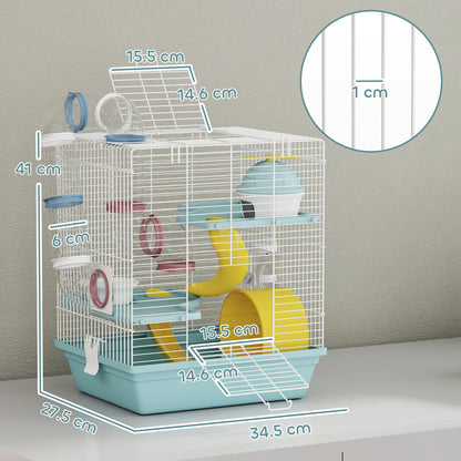 3-Level Hamster Cage, Gerbil Cage with Exercise Wheel, Tunnels, Water Bottle, Food Bowl, House, Ramps, for Dwarf Hamster, 34.5 x 27.5 x 41 cm, Blue
