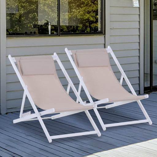 Set of 2 Folding Garden Beach Deck Chairs Deckchairs Seaside Folding Garden Patio Lounger, White