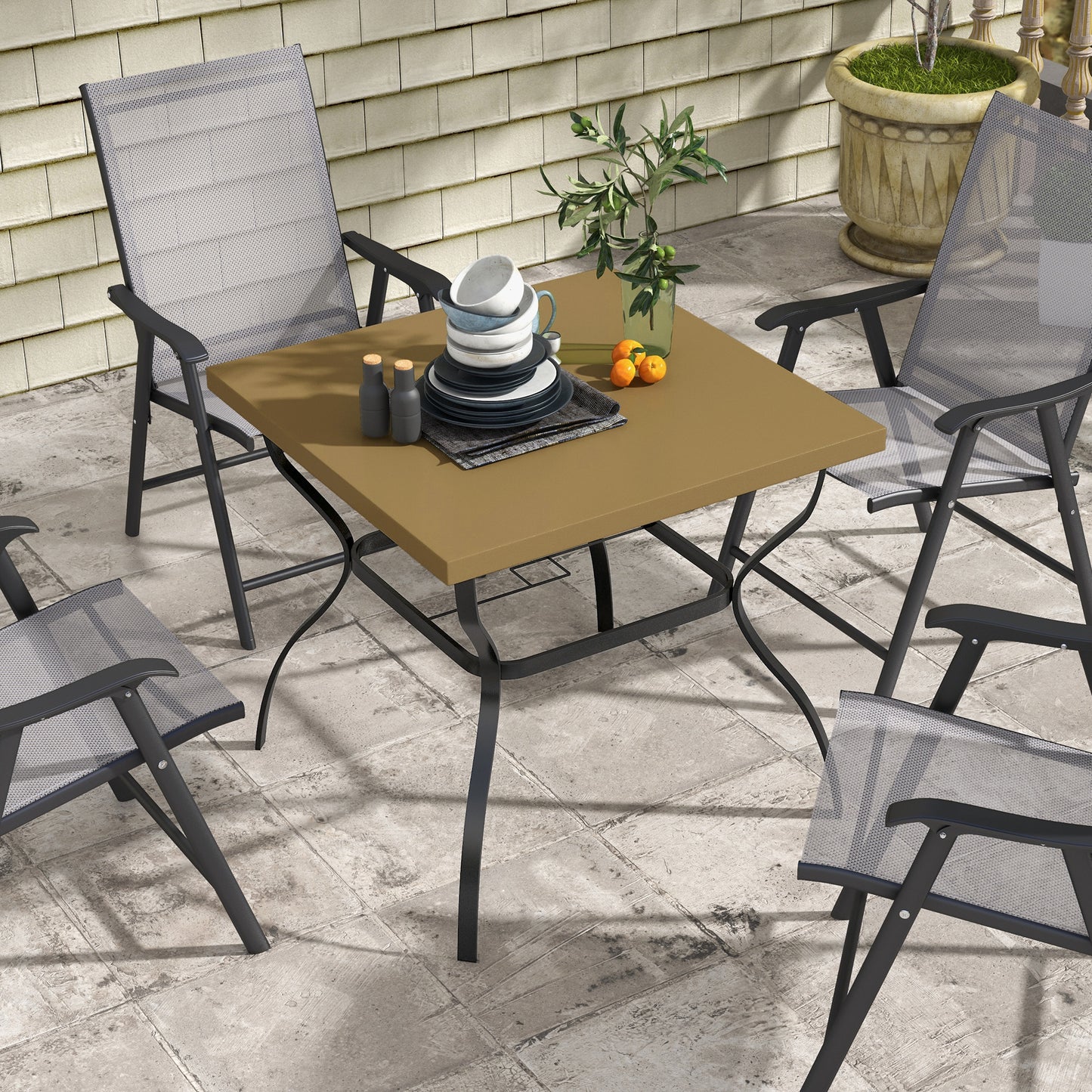 Garden Dining Table w/ Umbrella Hole, Dining Table for 4, Brown