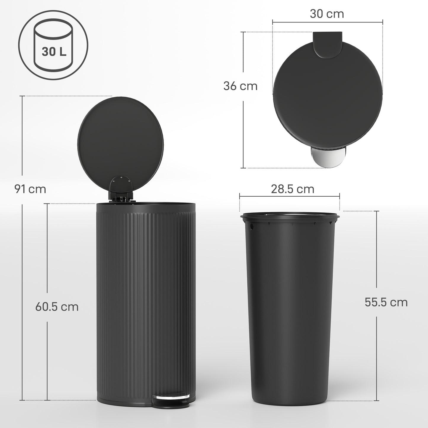 Kitchen Bin, 30 Litre Pedal Rubbish Bin with Removable Bucket, Black