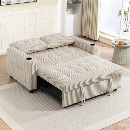 3-in-1 2 Seater Sofa Bed, Convertible Sleeper Sofa with Adjustable Backrest, Corduroy Pull Out Loveseat Bed with 2 Pillows, Side Pockets and Cup Holders for Living Room, Bedroom, Cream White