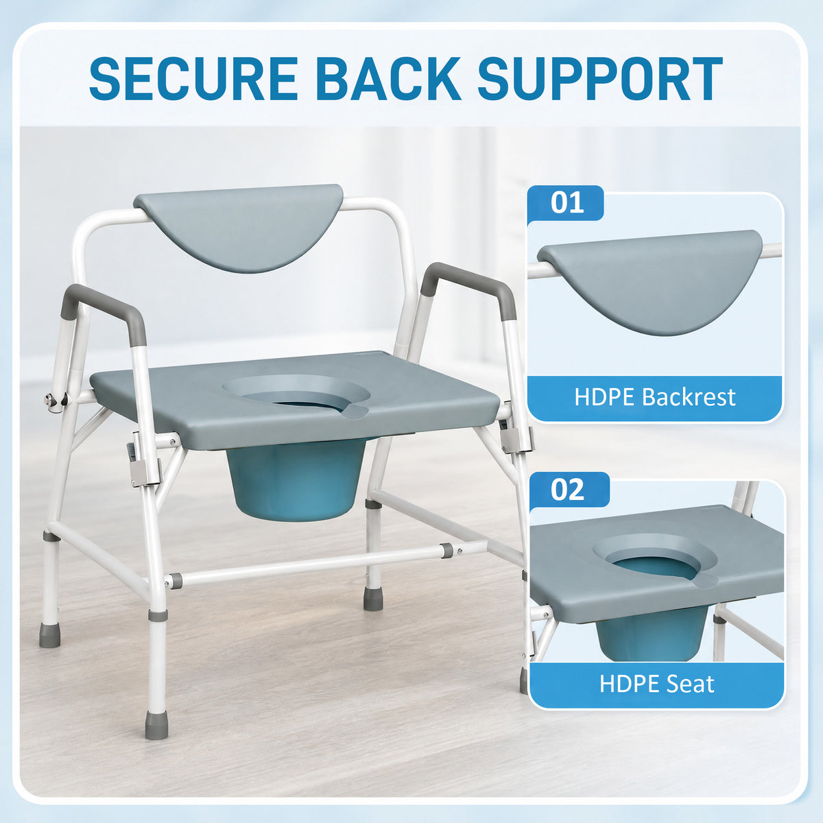 3-in-1 Height-Adjustable Bedside Commode with Flip-Up Arms - White & Grey