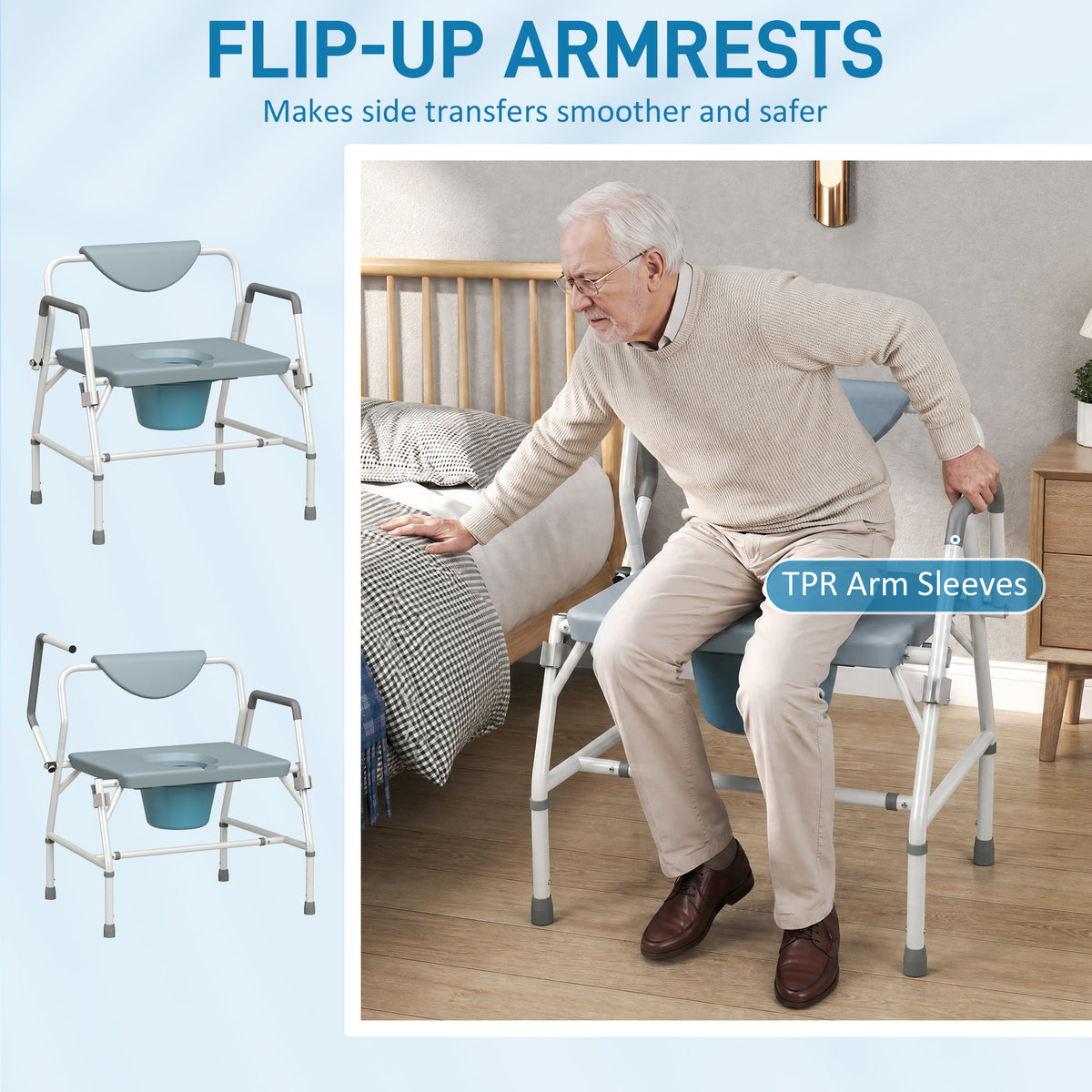 3-in-1 Height-Adjustable Bedside Commode with Flip-Up Arms - White & Grey