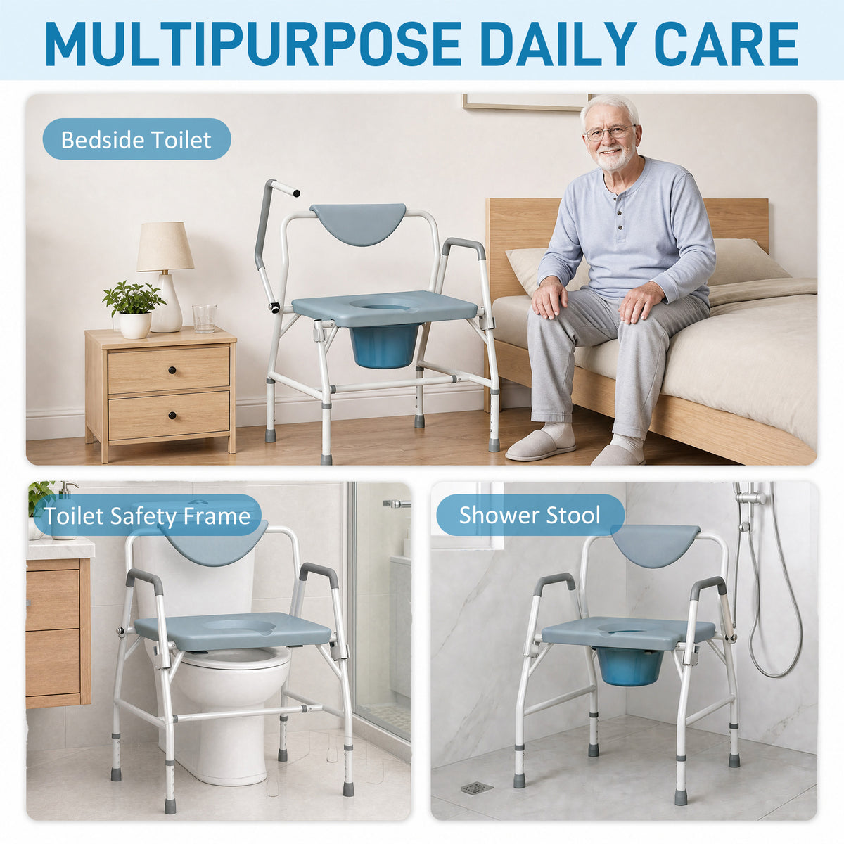 3-in-1 Height-Adjustable Bedside Commode with Flip-Up Arms - White & Grey